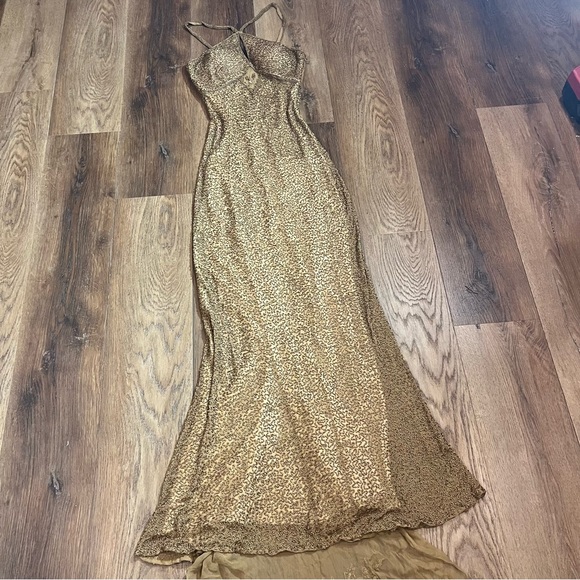 Vintage 100% Silk Beaded Dress Gold Beaded Dress Train Sheer Silk Fairy Prom - Picture 6 of 17